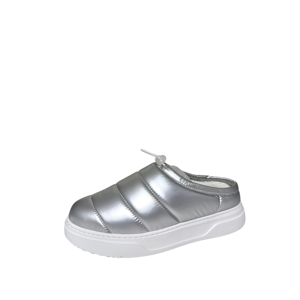 J/Slides NYC Coco Silver Nylon Puffer Platform Mules Shoes‎ Womens 8M NIB